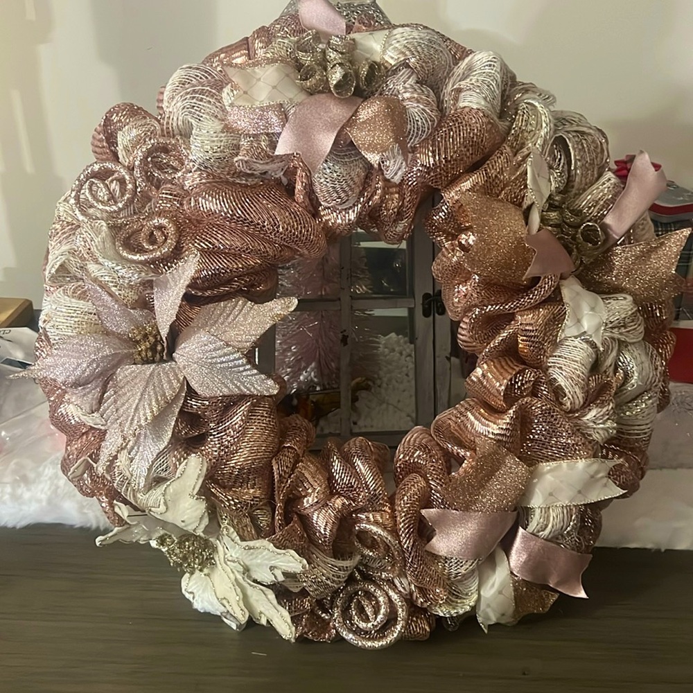 Winter Rose Gold and Champagne Deco Mesh Wreath - Picture 1 of 6